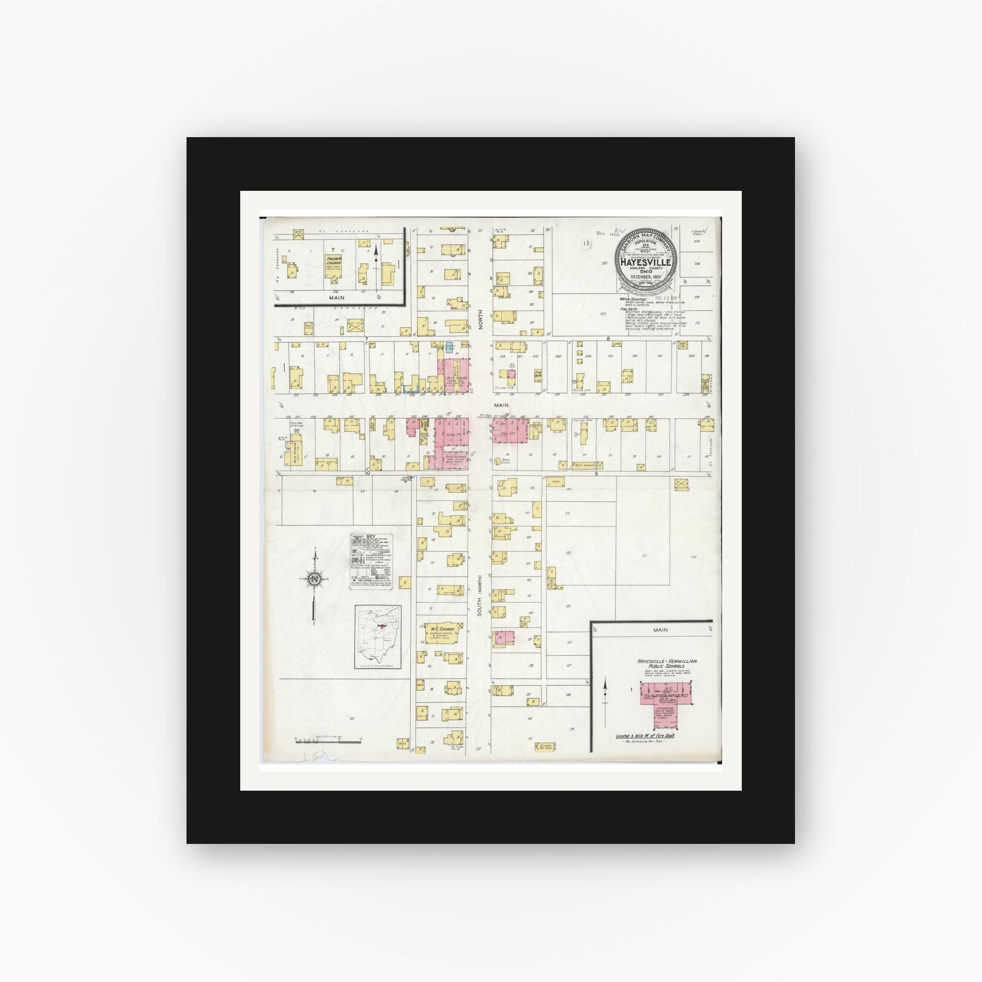 Old map wall art mockup — black gallery frame with white mat — Sanborn Fire Insurance Map from Hayesville, Ashland County, Ohio (1929), Sheet #0001