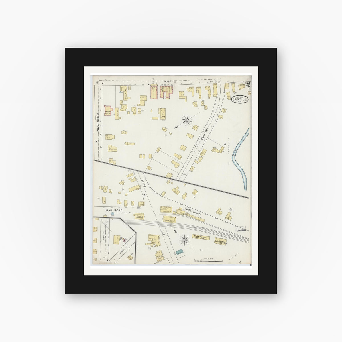Old map wall art mockup — black gallery frame with white mat — Sanborn Fire Insurance Map from Castile, Wyoming County, New York (1893), Sheet #0002