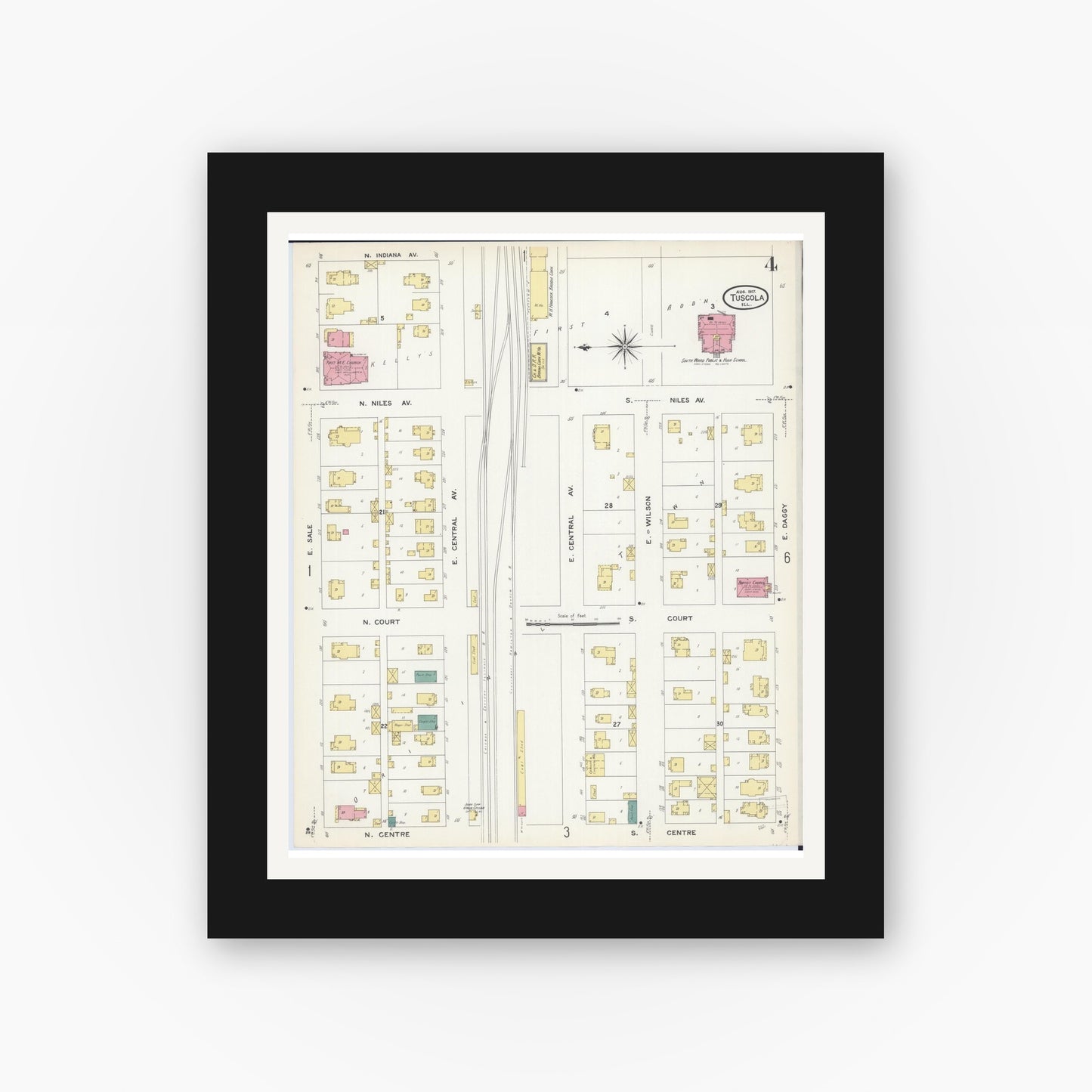 Old map wall art mockup — black gallery frame with white mat — Sanborn Fire Insurance Map from Tuscola, Douglas County, Illinois (1907), Sheet #0004