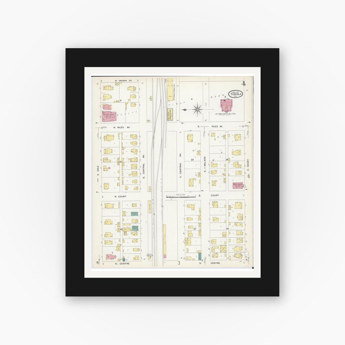 Old map wall art mockup — black gallery frame with white mat — Sanborn Fire Insurance Map from Tuscola, Douglas County, Illinois (1907), Sheet #0004