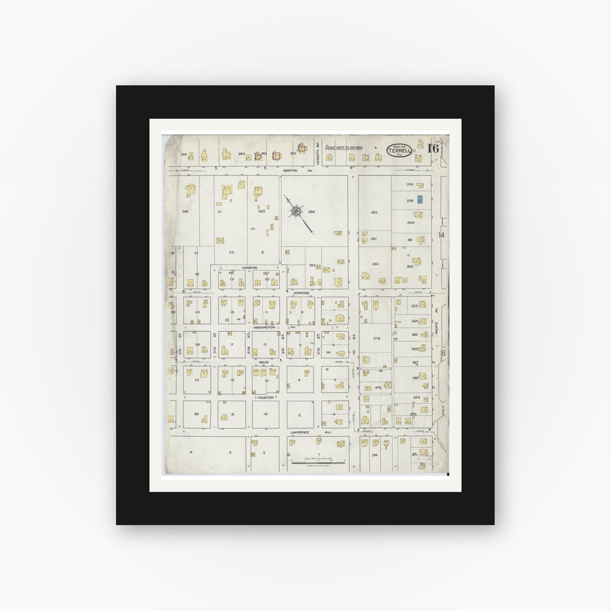 Old map wall art mockup — black gallery frame with white mat — Sanborn Fire Insurance Map from Terrell, Kaufman County, Texas (1921), Sheet #0016