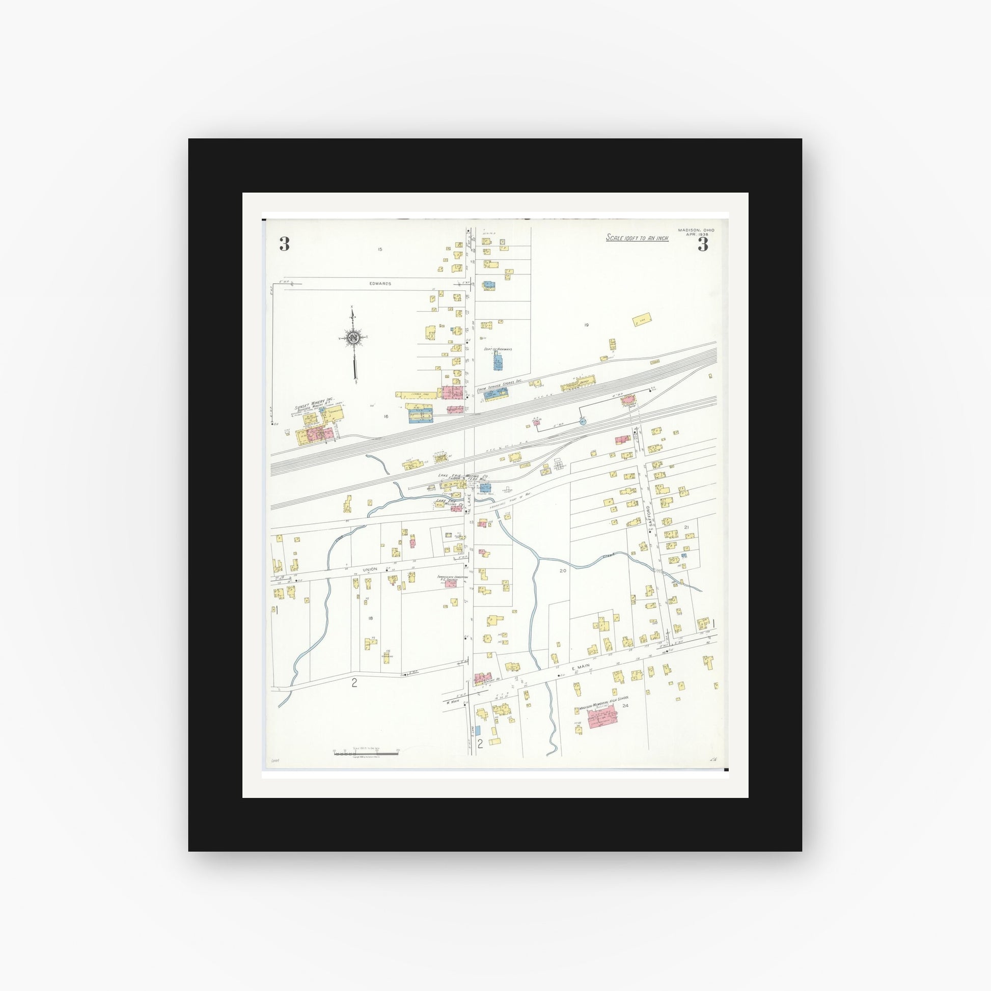 Old map wall art mockup — black gallery frame with white mat — Sanborn Fire Insurance Map from Madison, Lake County, Ohio (1938), Sheet #0003