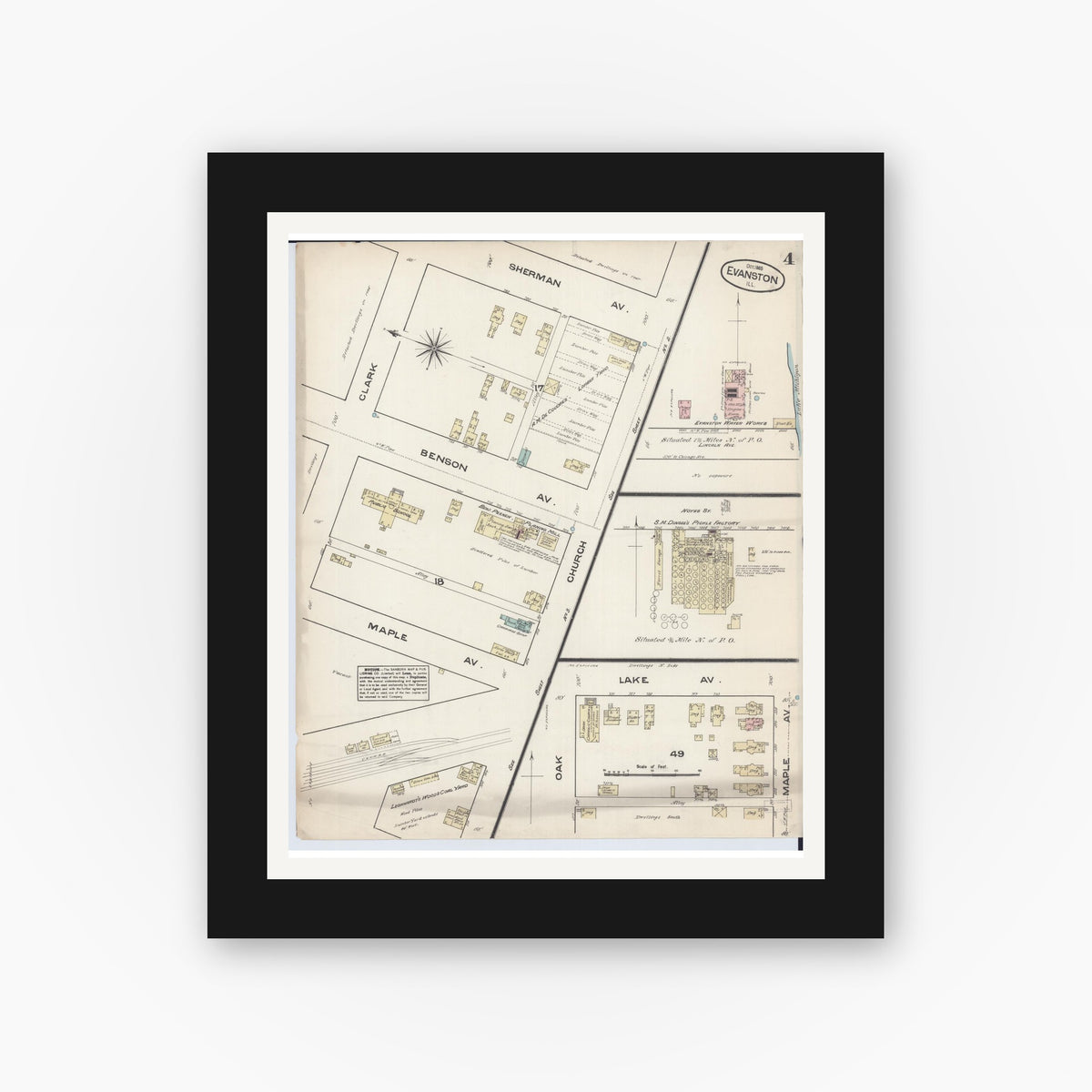 Old map wall art mockup — black gallery frame with white mat — Sanborn Fire Insurance Map from Evanston, Cook County, Illinois (1883), Sheet #0004