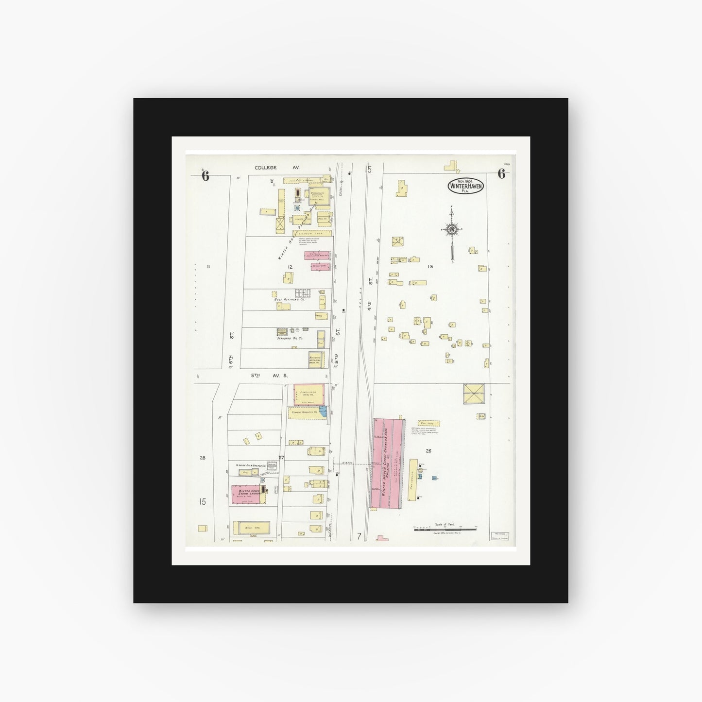 Old map wall art mockup — black gallery frame with white mat — Sanborn Fire Insurance Map from Winter Haven, Polk County, Florida (1924), Sheet #0006