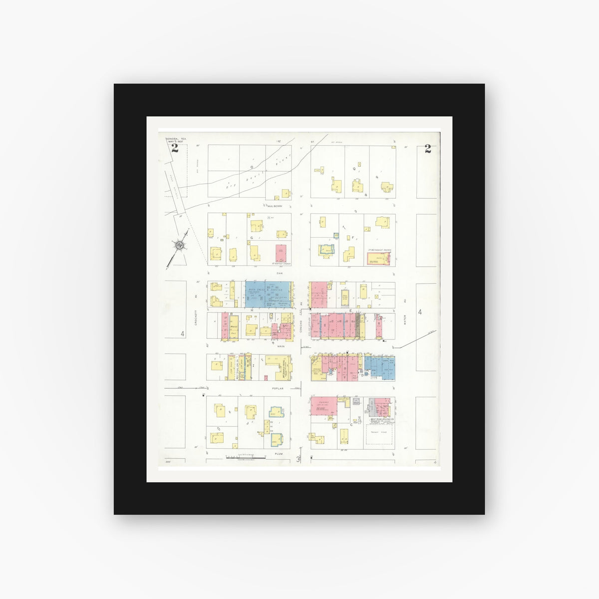 Old map wall art mockup — black gallery frame with white mat — Sanborn Fire Insurance Map from Sonora, Sutton County, Texas (1937), Sheet #0002