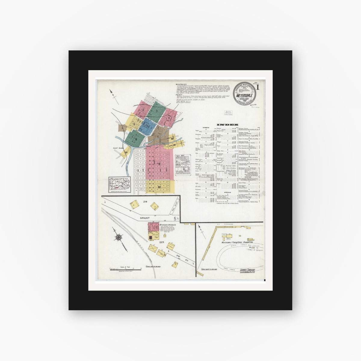 Old map wall art mockup — black gallery frame with white mat — Sanborn Fire Insurance Map from Meyersdale, Somerset County, Pennsylvania (1919) - Complete Map Set