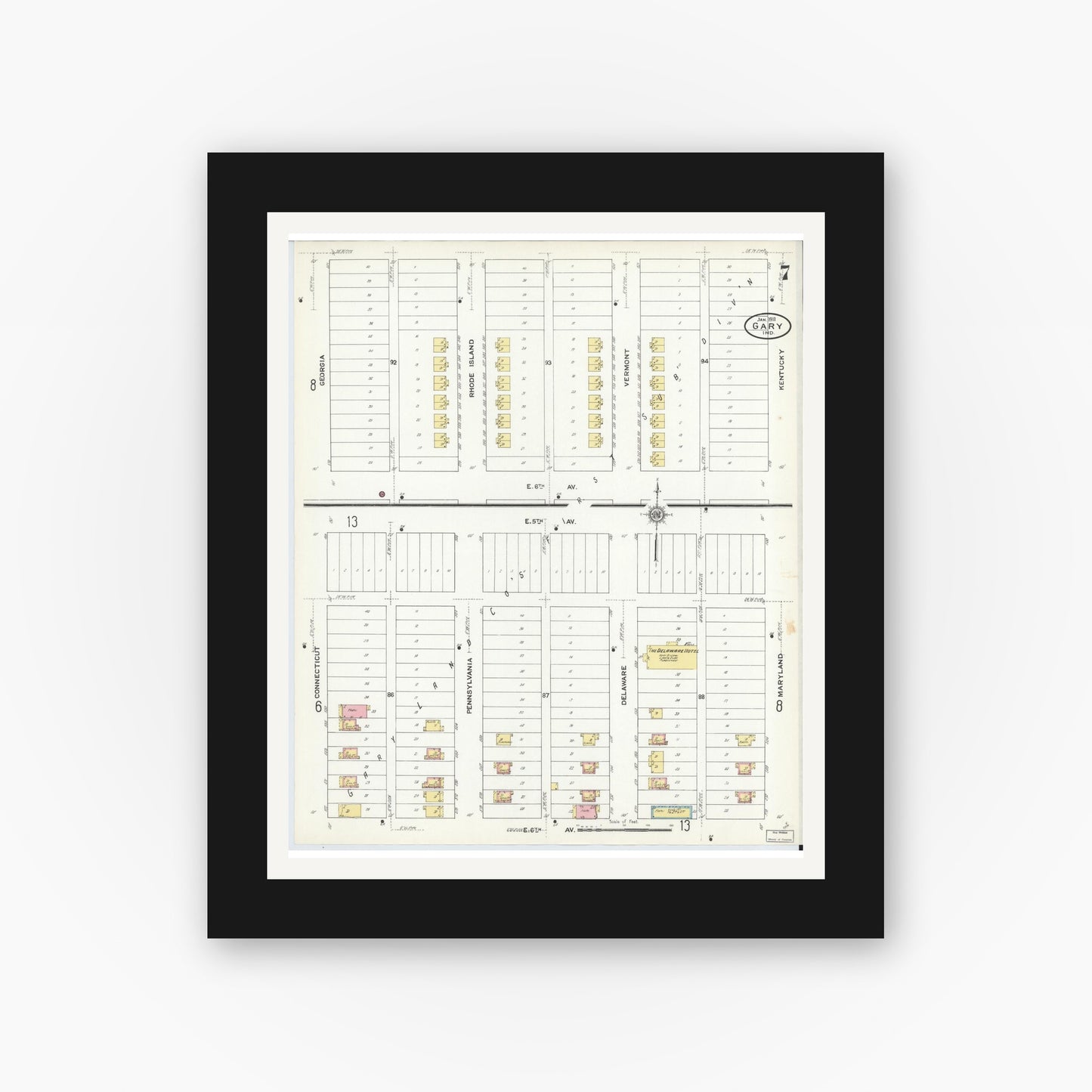 Old map wall art mockup — black gallery frame with white mat — Sanborn Fire Insurance Map from Gary, Lake County, Indiana (1911), Sheet #0007
