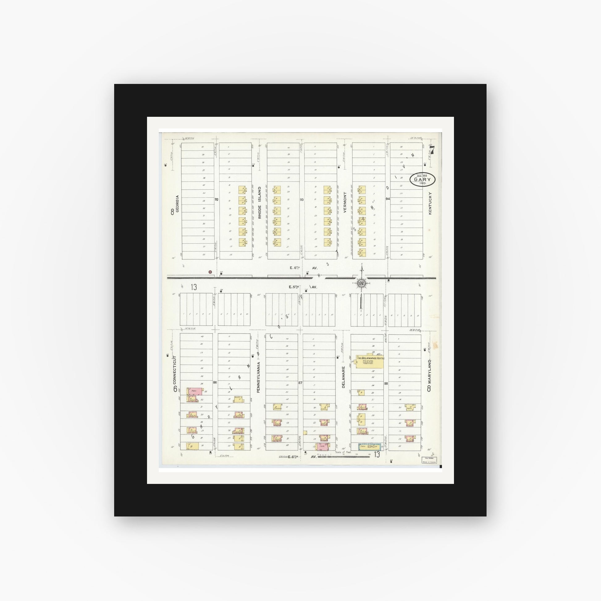 Old map wall art mockup — black gallery frame with white mat — Sanborn Fire Insurance Map from Gary, Lake County, Indiana (1911), Sheet #0007