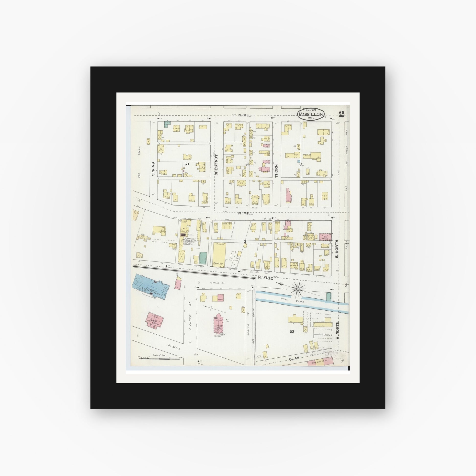 Old map wall art mockup — black gallery frame with white mat — Sanborn Fire Insurance Map from Massillon, Stark County, Ohio (1892), Sheet #0002