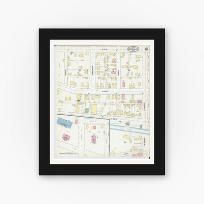 Old map wall art mockup — black gallery frame with white mat — Sanborn Fire Insurance Map from Massillon, Stark County, Ohio (1892), Sheet #0002