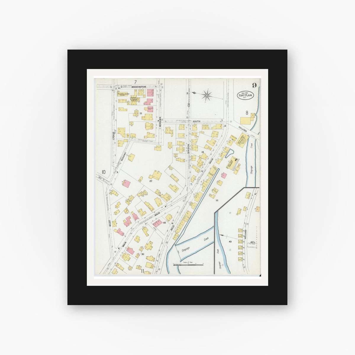 Old map wall art mockup — black gallery frame with white mat — Sanborn Fire Insurance Map from Fort Plain, Montgomery County, New York (1901), Sheet #0009