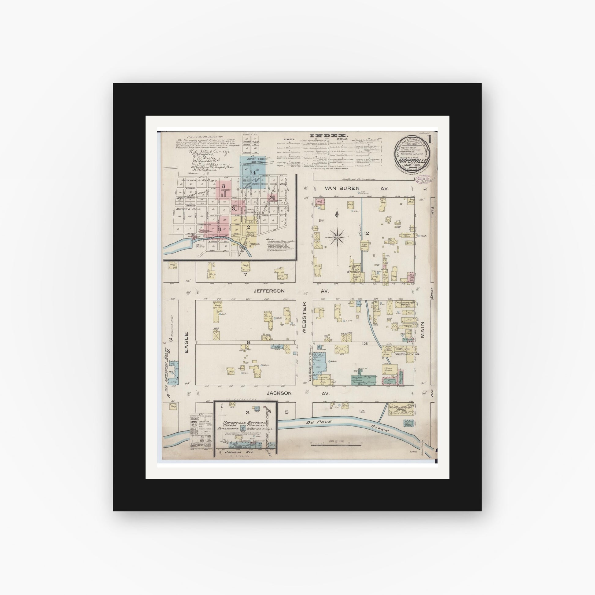 Old map wall art mockup — black gallery frame with white mat — Sanborn Fire Insurance Map from Naperville, Du Page County, Illinois (1886) - Complete Map Set