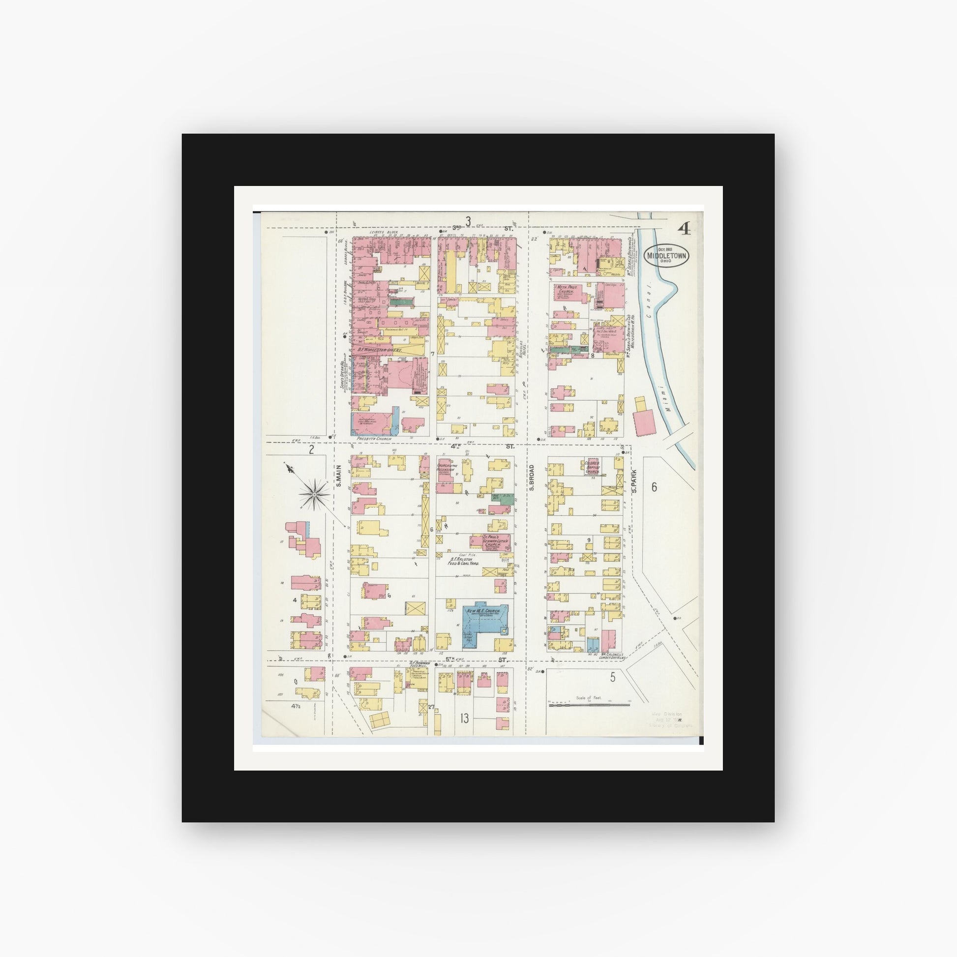 Old map wall art mockup — black gallery frame with white mat — Sanborn Fire Insurance Map from Middletown, Butler County, Ohio (1901), Sheet #0004