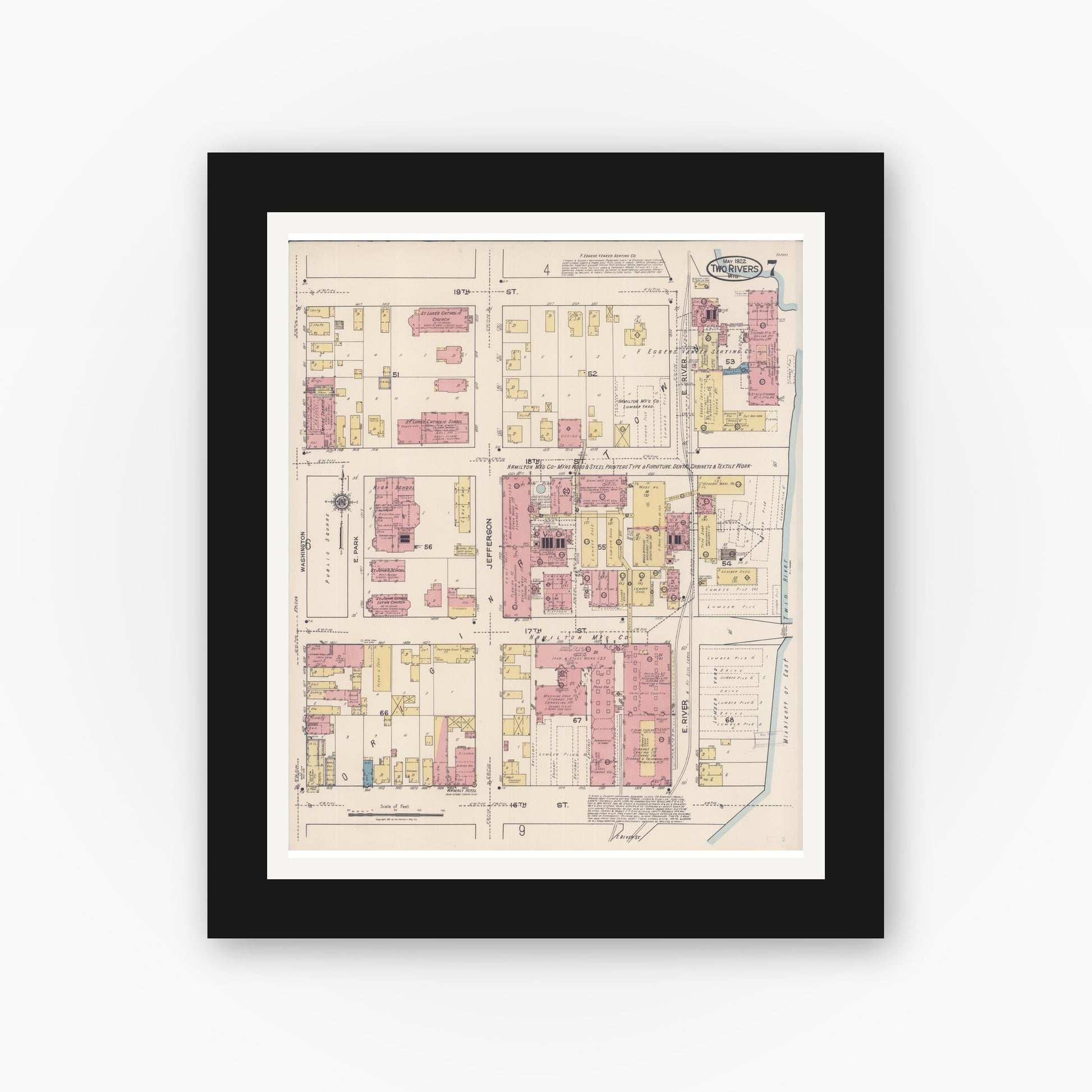 Old map wall art mockup — black gallery frame with white mat — Sanborn Fire Insurance Map from Two Rivers, Manitowoc County, Wisconsin (1922), Sheet #0007