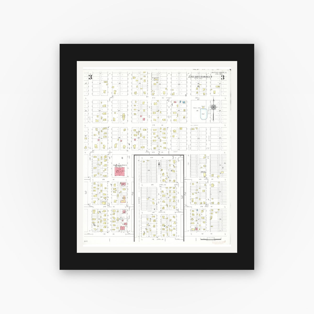 Old map wall art mockup — black gallery frame with white mat — Sanborn Fire Insurance Map from Buffalo Center, Winnebago County, Iowa (1942), Sheet #0003