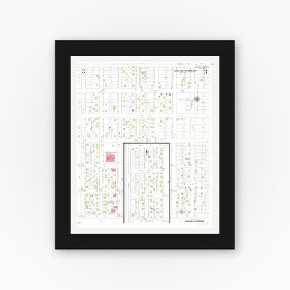 Old map wall art mockup — black gallery frame with white mat — Sanborn Fire Insurance Map from Buffalo Center, Winnebago County, Iowa (1942), Sheet #0003