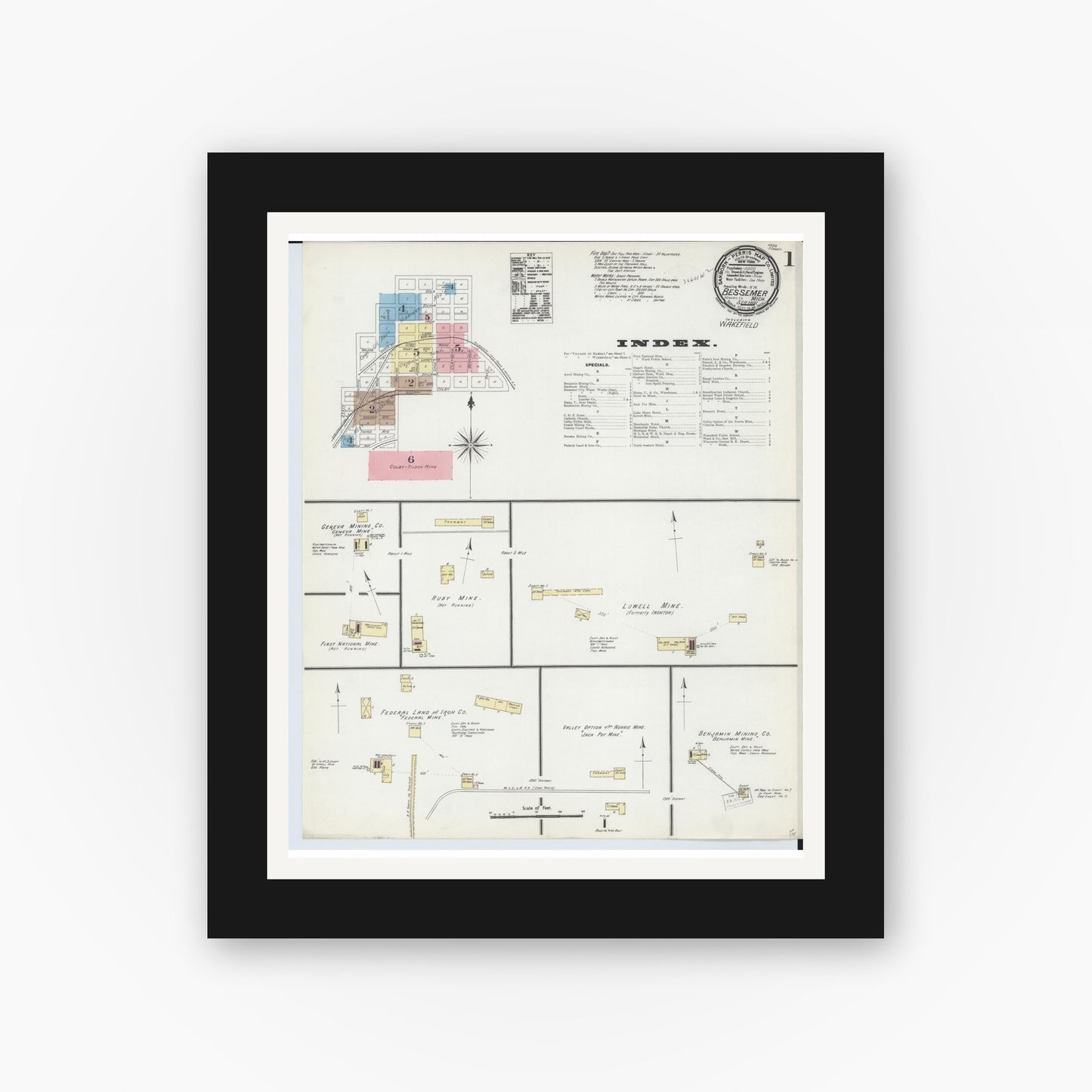 Old map wall art mockup — black gallery frame with white mat — Sanborn Fire Insurance Map from Bessemer, Gogebic County, Michigan (1891) - Complete Map Set