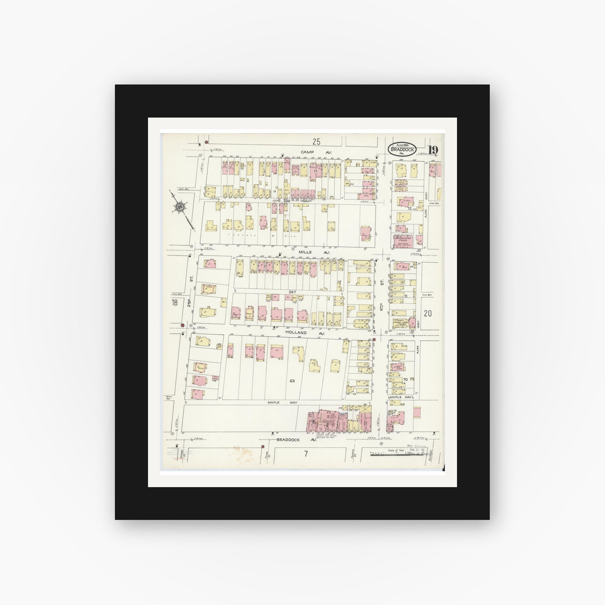 Old map wall art mockup — black gallery frame with white mat — Sanborn Fire Insurance Map from Braddock, Allegheny County, Pennsylvania (1914), Sheet #0019