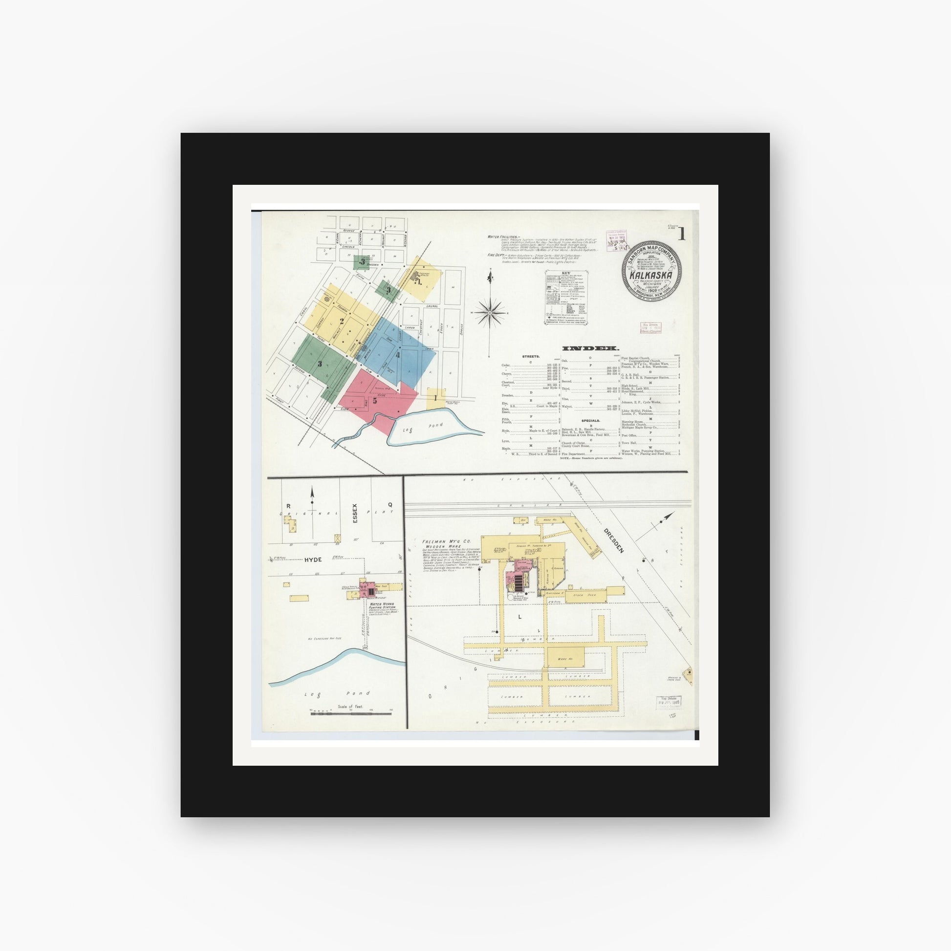Old map wall art mockup — black gallery frame with white mat — Sanborn Fire Insurance Map from Kalkaska, Kalkaska County, Michigan (1909) - Complete Map Set
