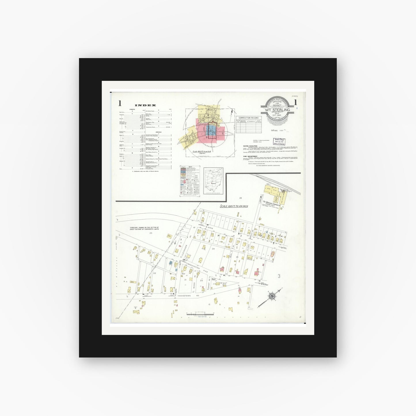 Old map wall art mockup — black gallery frame with white mat — Sanborn Fire Insurance Map from Mount Sterling, Madison County, Ohio (1940) - Complete Map Set