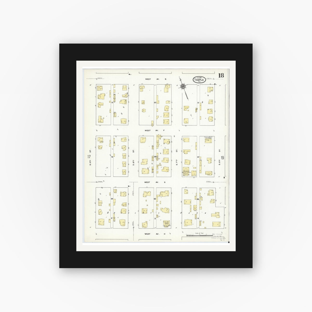 Old map wall art mockup — black gallery frame with white mat — Sanborn Fire Insurance Map from Temple, Bell County, Texas (1910), Sheet #0018
