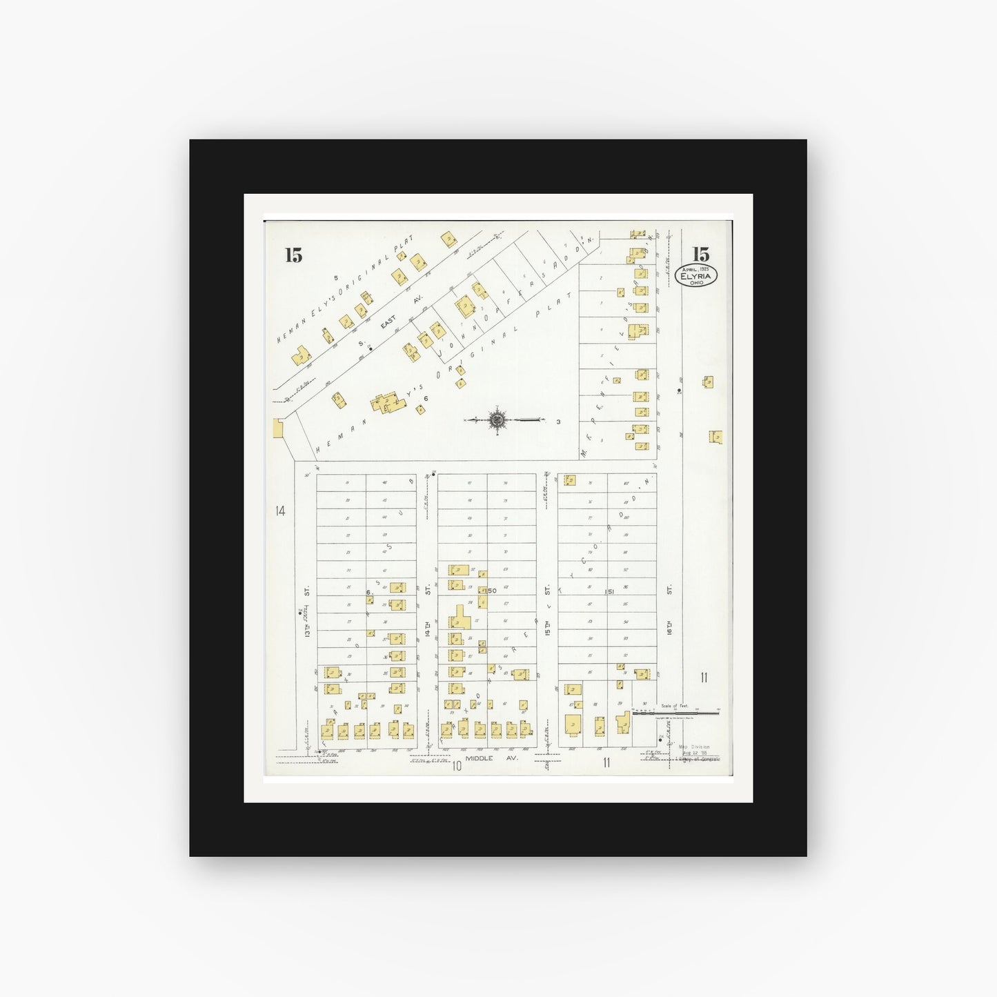 Old map wall art mockup — black gallery frame with white mat — Sanborn Fire Insurance Map from Elyria, Lorain County, Ohio (1925), Sheet #0015