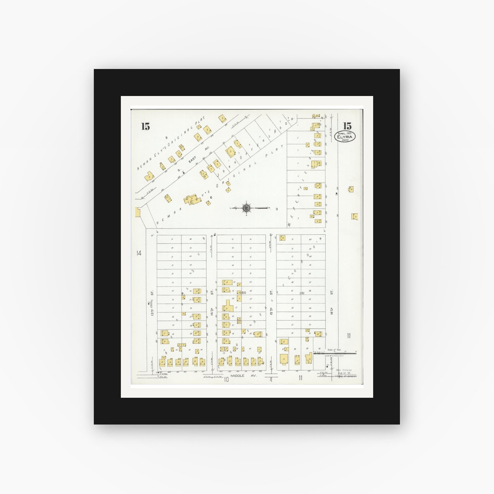 Old map wall art mockup — black gallery frame with white mat — Sanborn Fire Insurance Map from Elyria, Lorain County, Ohio (1925), Sheet #0015