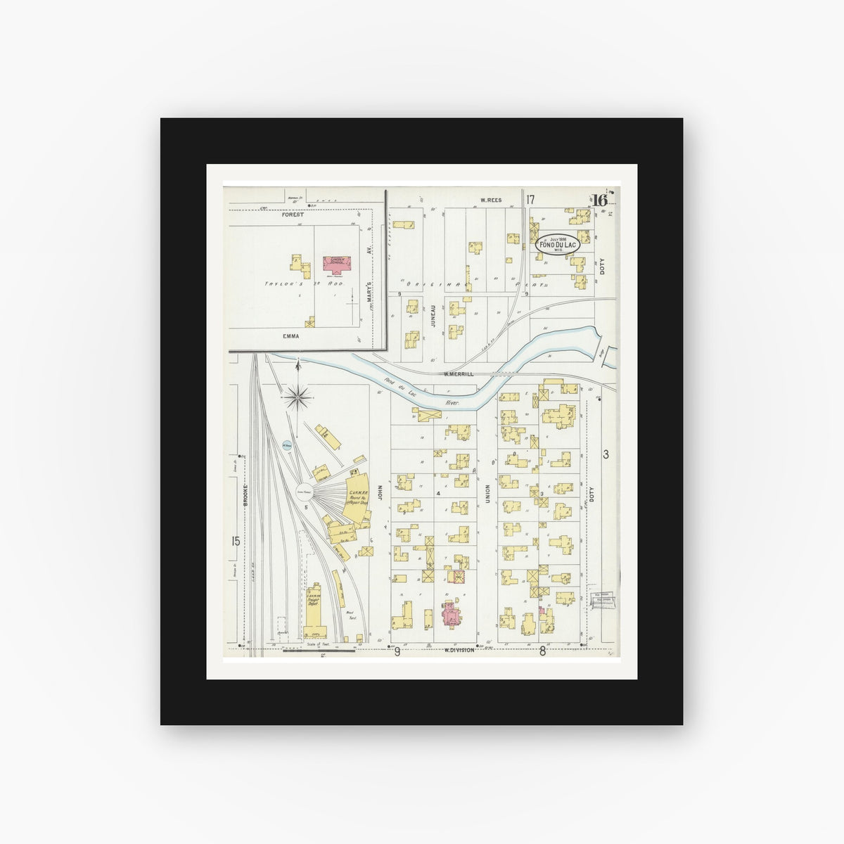 Old map wall art mockup — black gallery frame with white mat — Sanborn Fire Insurance Map from Fond du Lac, Fond du Lac County, Wisconsin (1898), Sheet #0016