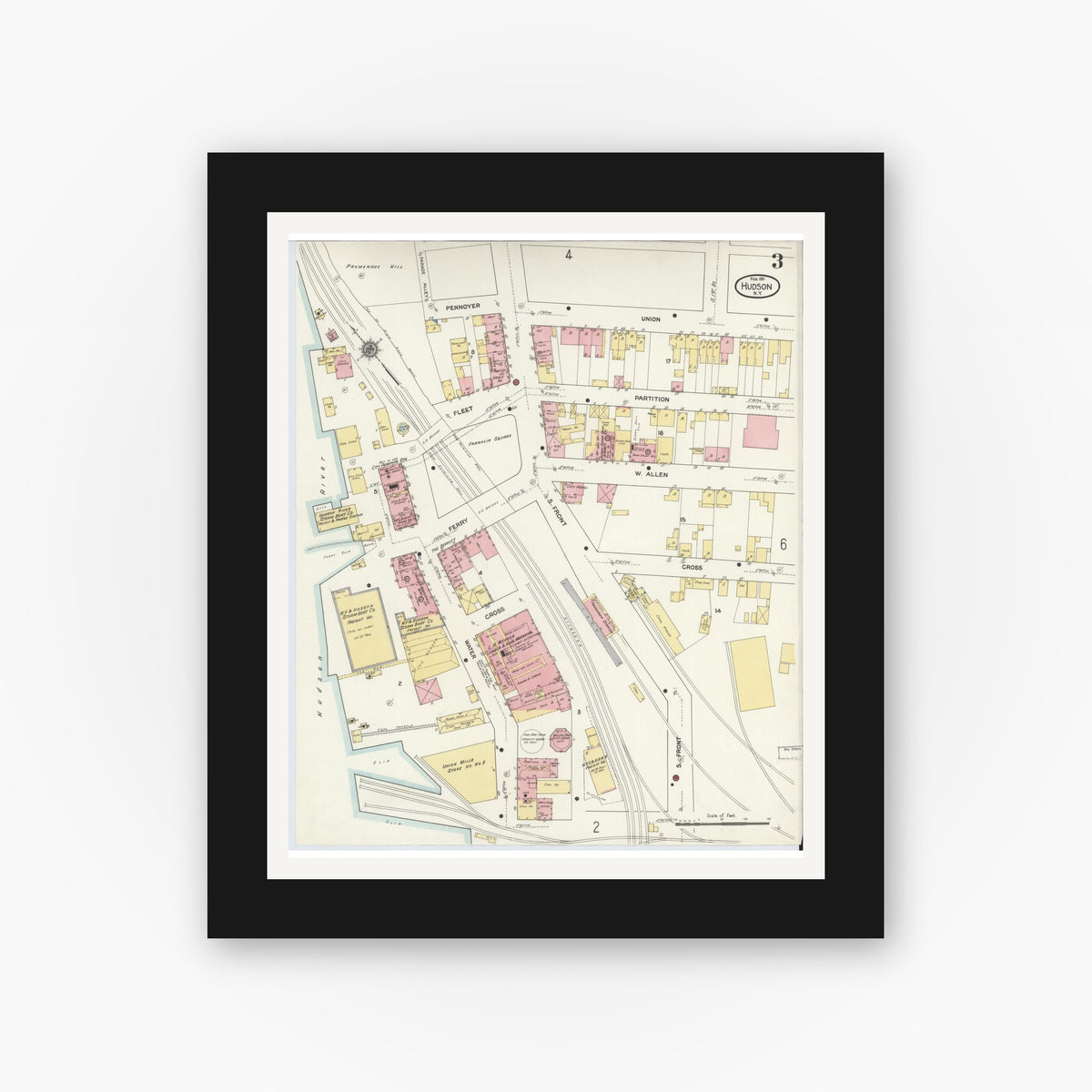 Old map wall art mockup — black gallery frame with white mat — Sanborn Fire Insurance Map from Hudson, Columbia County, New York (1911), Sheet #0003