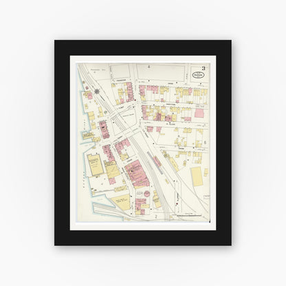 Old map wall art mockup — black gallery frame with white mat — Sanborn Fire Insurance Map from Hudson, Columbia County, New York (1911), Sheet #0003