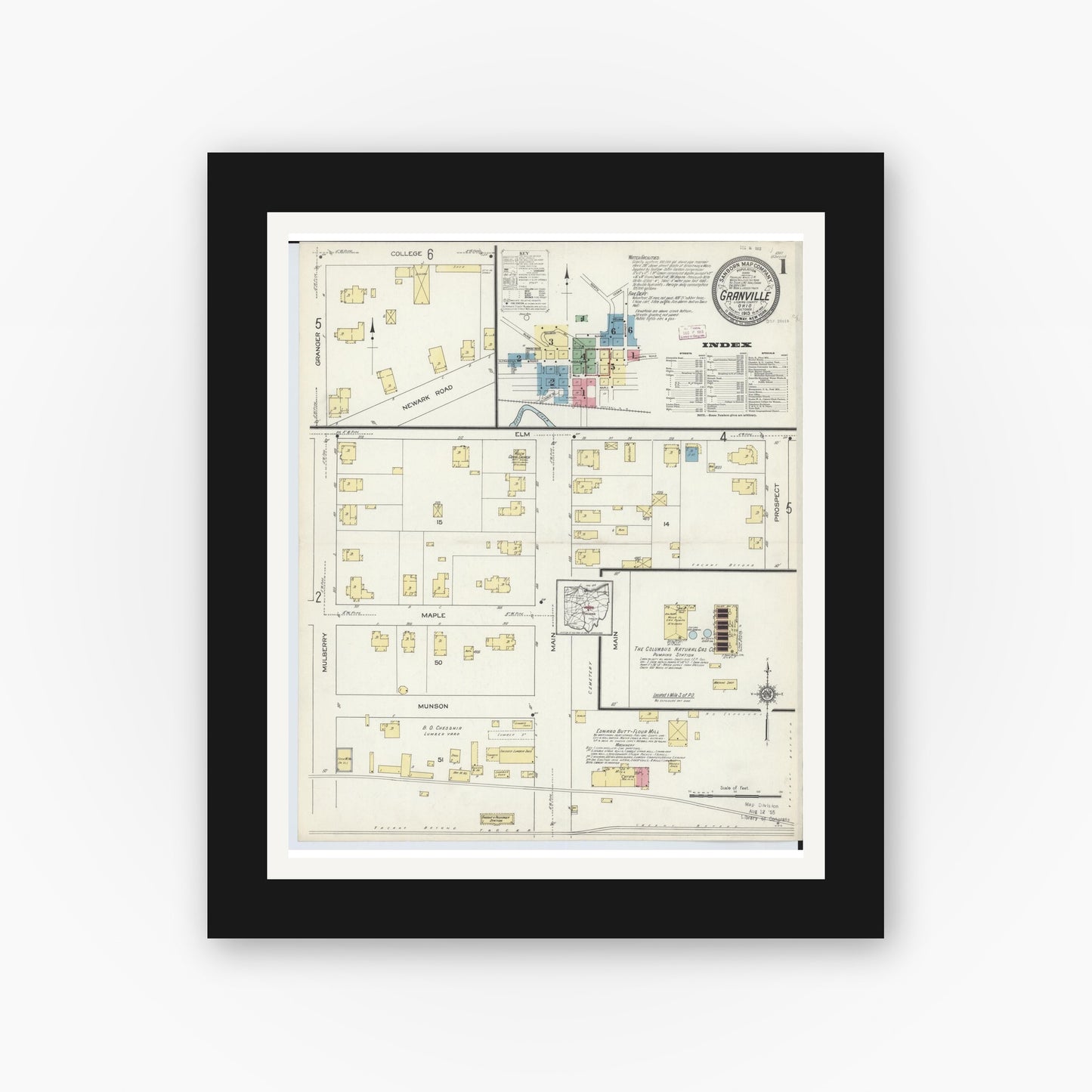 Old map wall art mockup — black gallery frame with white mat — Sanborn Fire Insurance Map from Granville, Licking County, Ohio (1913) - Complete Map Set