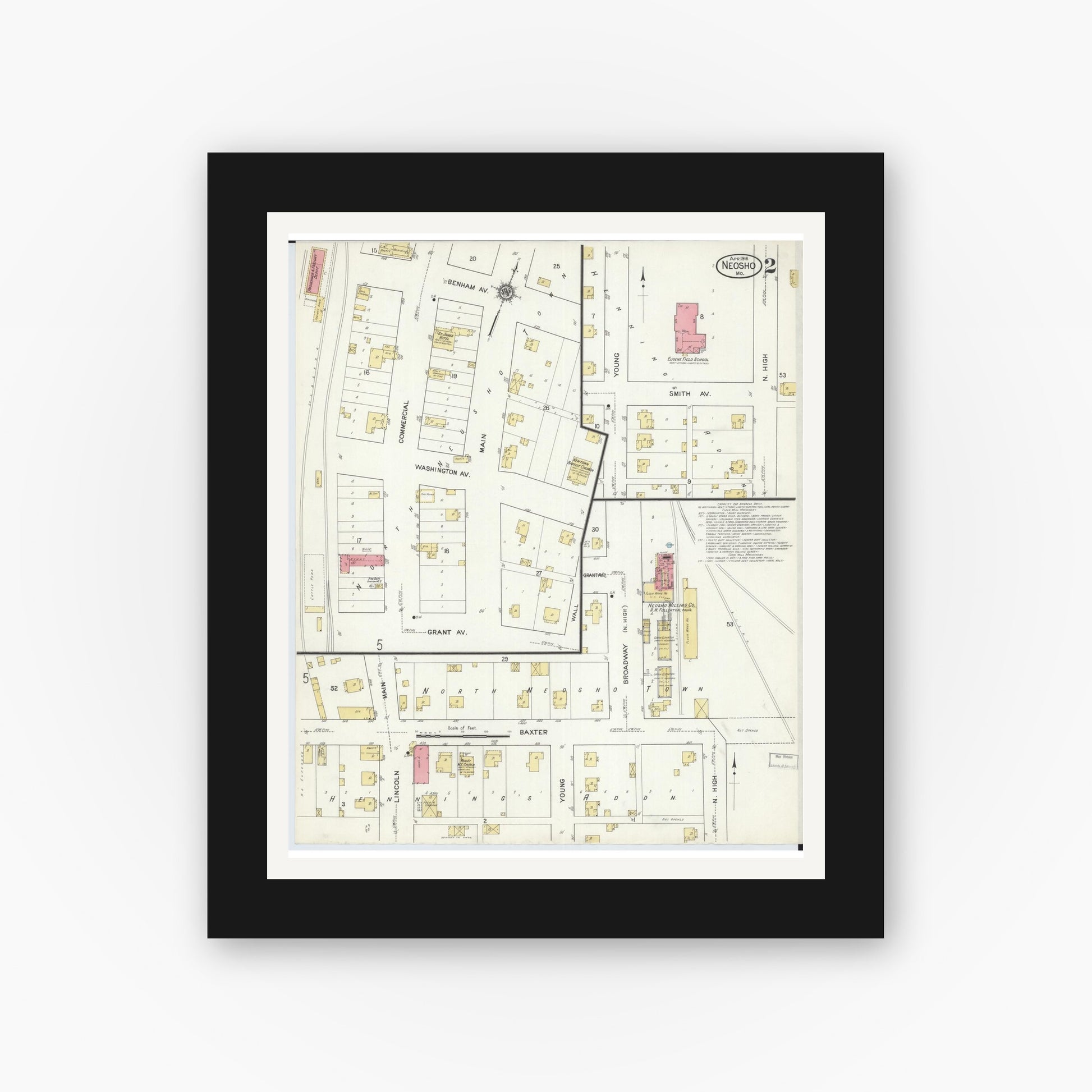 Old map wall art mockup — black gallery frame with white mat — Sanborn Fire Insurance Map from Neosho, Newton County, Missouri (1916), Sheet #0002
