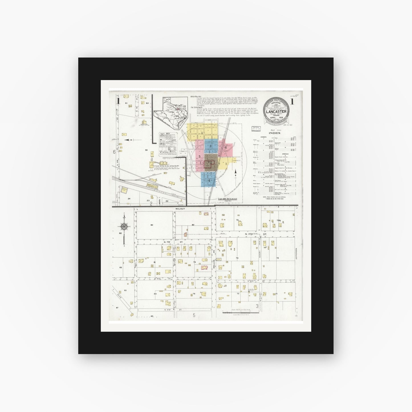 Old map wall art mockup — black gallery frame with white mat — Sanborn Fire Insurance Map from Lancaster, Dallas County, Texas (1928), Sheet #0001