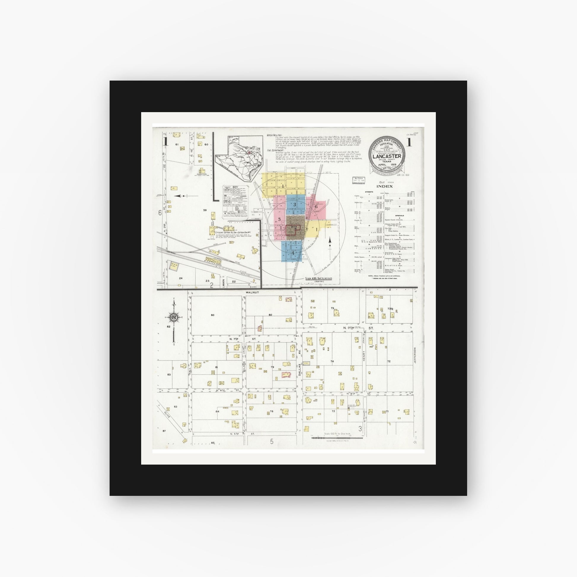 Old map wall art mockup — black gallery frame with white mat — Sanborn Fire Insurance Map from Lancaster, Dallas County, Texas (1928), Sheet #0001