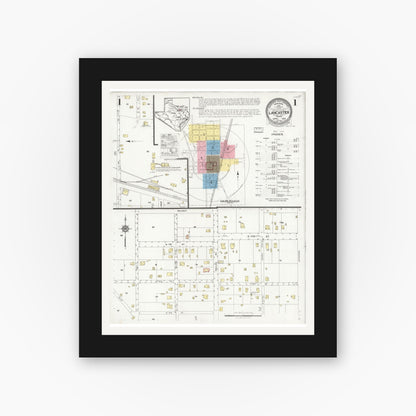 Old map wall art mockup — black gallery frame with white mat — Sanborn Fire Insurance Map from Lancaster, Dallas County, Texas (1928), Sheet #0001