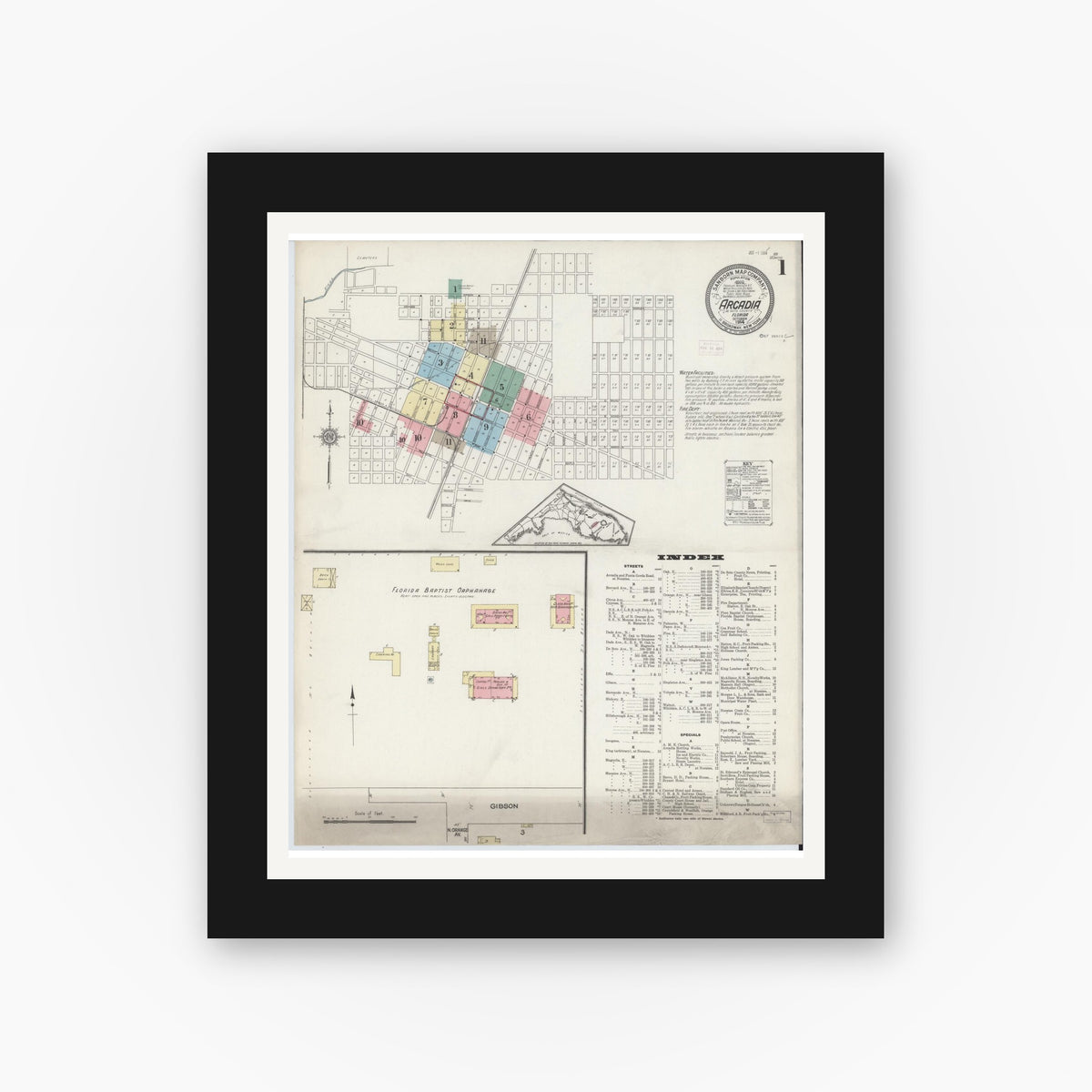 Old map wall art mockup — black gallery frame with white mat — Sanborn Fire Insurance Map from Arcadia, DeSoto County, Florida (1914) - Complete Map Set