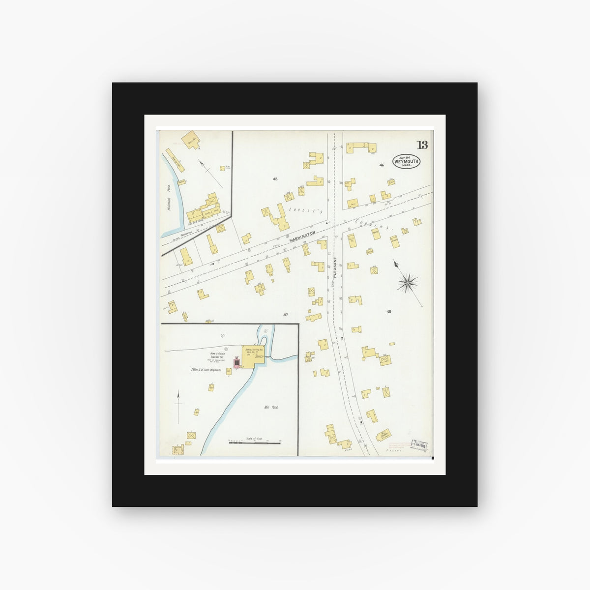 Old map wall art mockup — black gallery frame with white mat — Sanborn Fire Insurance Map from Weymouth, Norfolk County, Massachusetts (1904), Sheet #0013