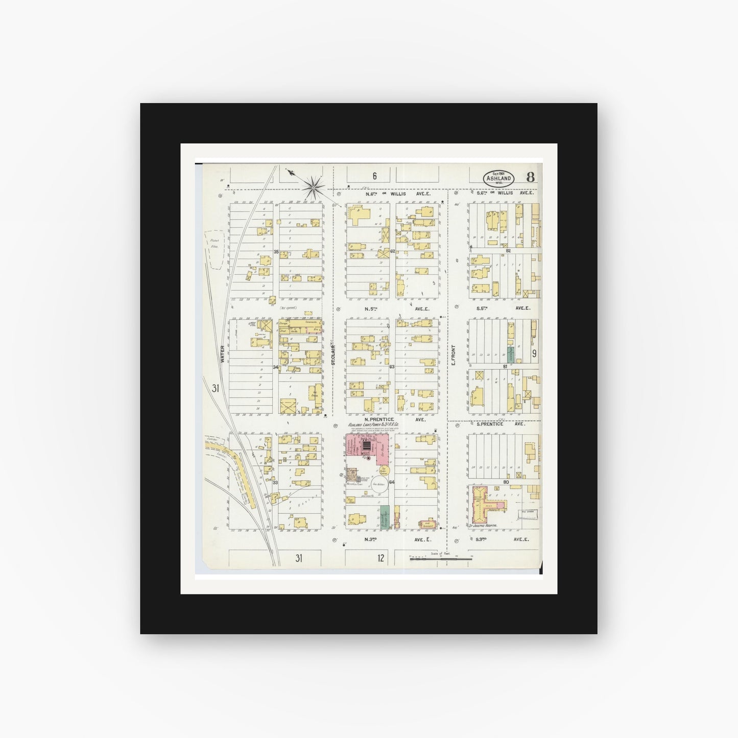 Old map wall art mockup — black gallery frame with white mat — Sanborn Fire Insurance Map from Ashland, Ashland County, Wisconsin (1901), Sheet #0008