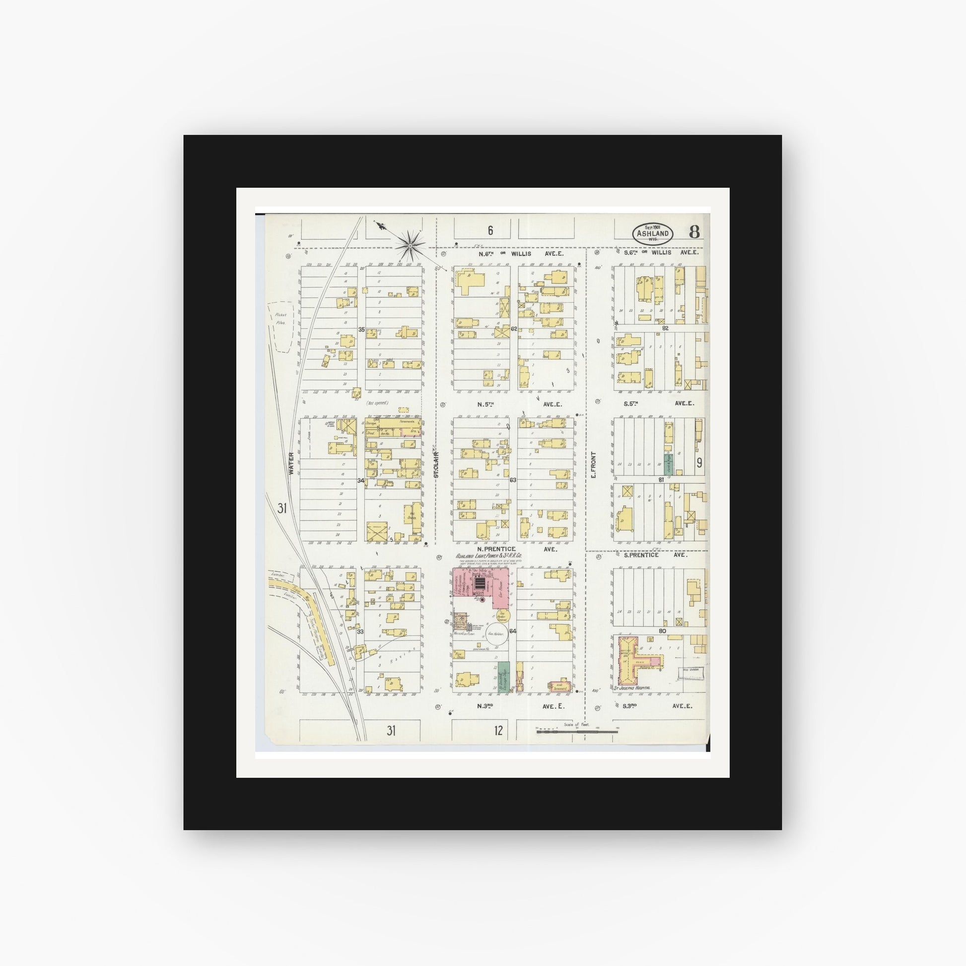 Old map wall art mockup — black gallery frame with white mat — Sanborn Fire Insurance Map from Ashland, Ashland County, Wisconsin (1901), Sheet #0008
