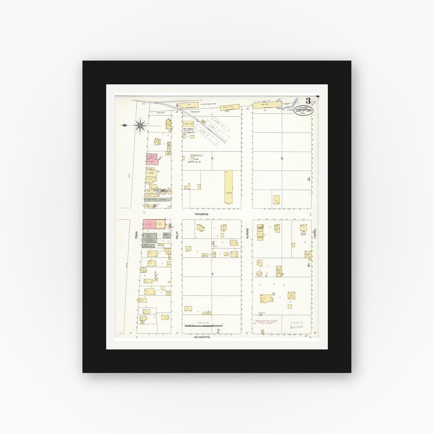 Old map wall art mockup — black gallery frame with white mat — Sanborn Fire Insurance Map from Compton, Los Angeles County, California (1907), Sheet #0003