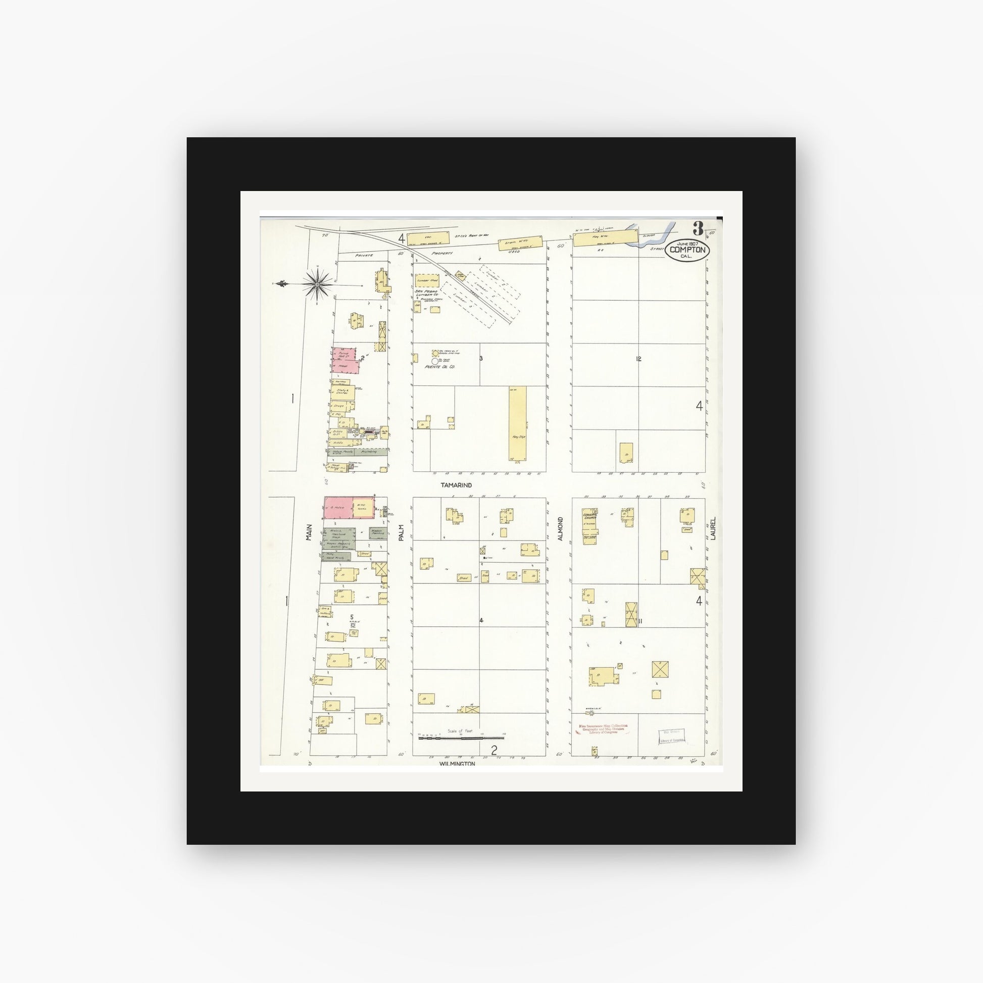 Old map wall art mockup — black gallery frame with white mat — Sanborn Fire Insurance Map from Compton, Los Angeles County, California (1907), Sheet #0003