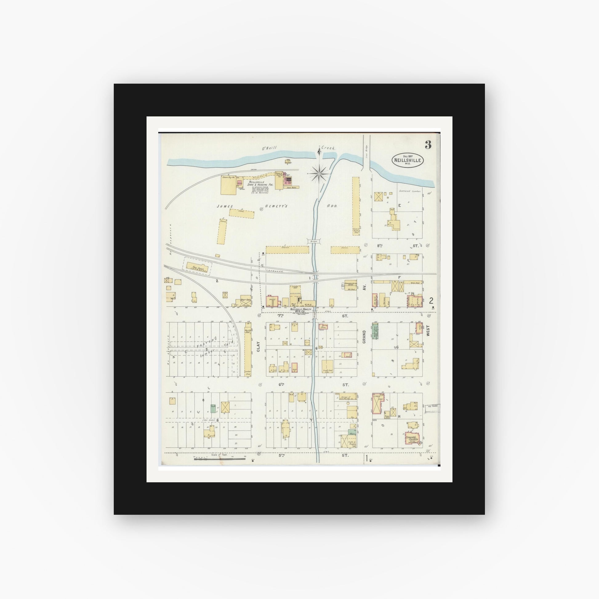 Old map wall art mockup — black gallery frame with white mat — Sanborn Fire Insurance Map from Neillsville, Clark County, Wisconsin (1897), Sheet #0003