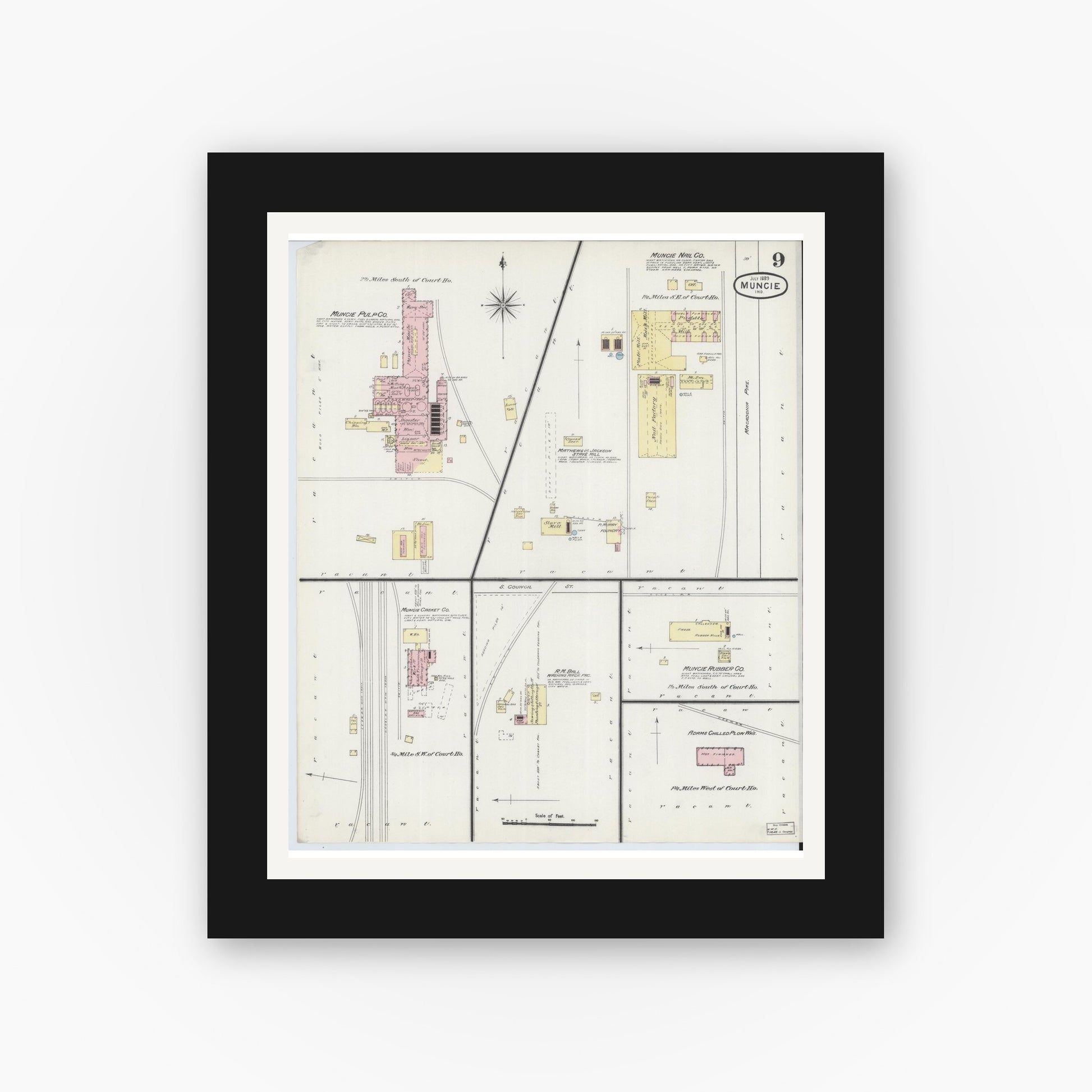 Old map wall art mockup — black gallery frame with white mat — Sanborn Fire Insurance Map from Muncie, Delaware County, Indiana (1889), Sheet #0009