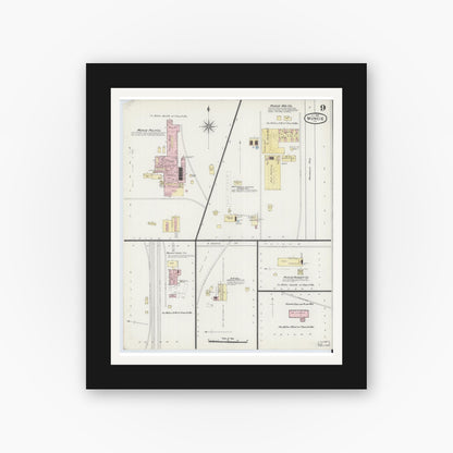 Old map wall art mockup — black gallery frame with white mat — Sanborn Fire Insurance Map from Muncie, Delaware County, Indiana (1889), Sheet #0009