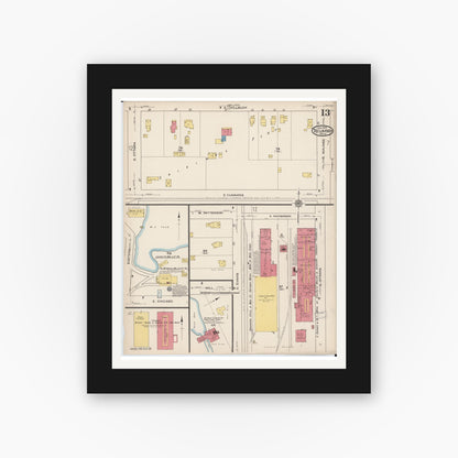 Old map wall art mockup — black gallery frame with white mat — Sanborn Fire Insurance Map from Tecumseh, Lenawee County, Michigan (1922), Sheet #0013