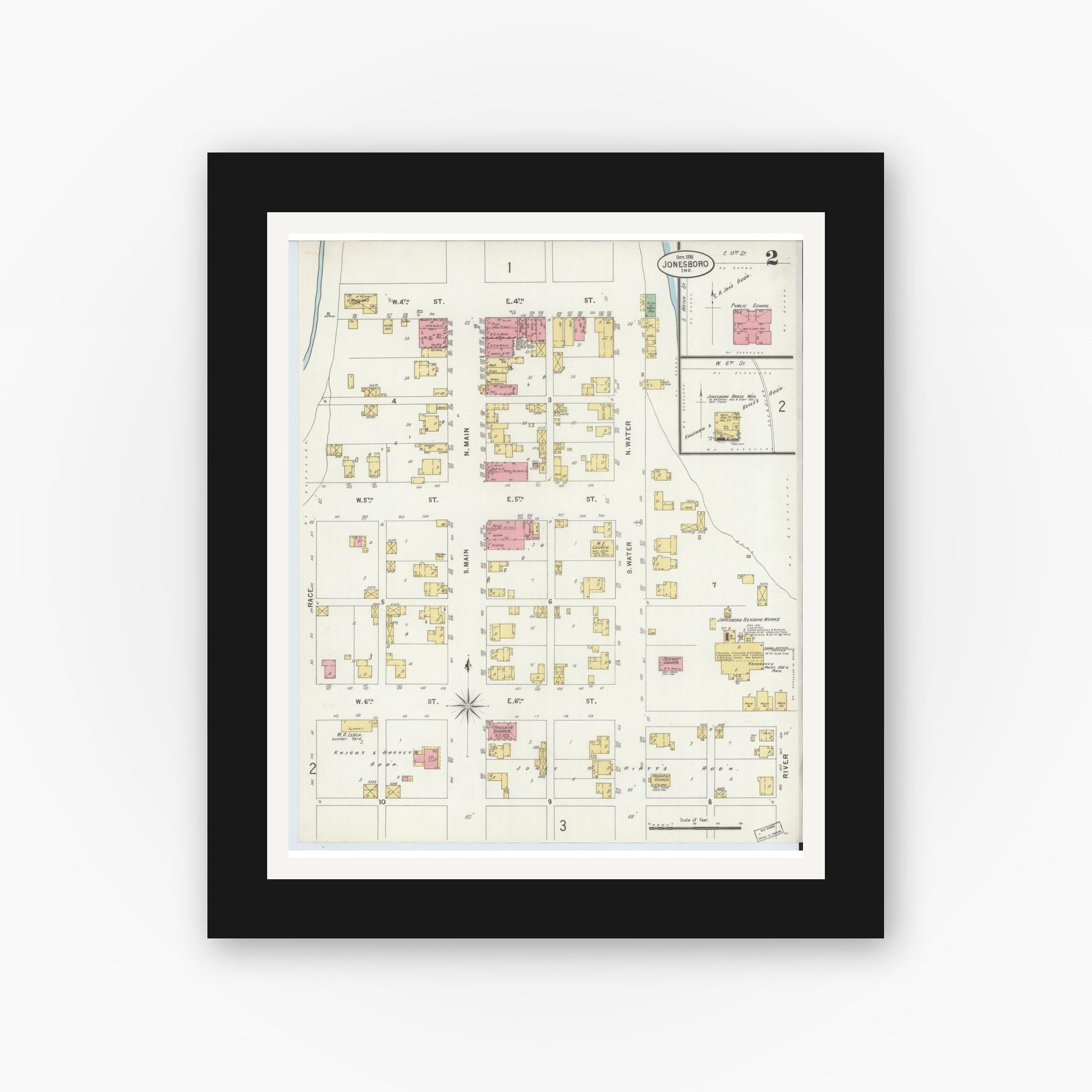 Old map wall art mockup — black gallery frame with white mat — Sanborn Fire Insurance Map from Jonesboro, Grant County, Indiana (1898), Sheet #0002