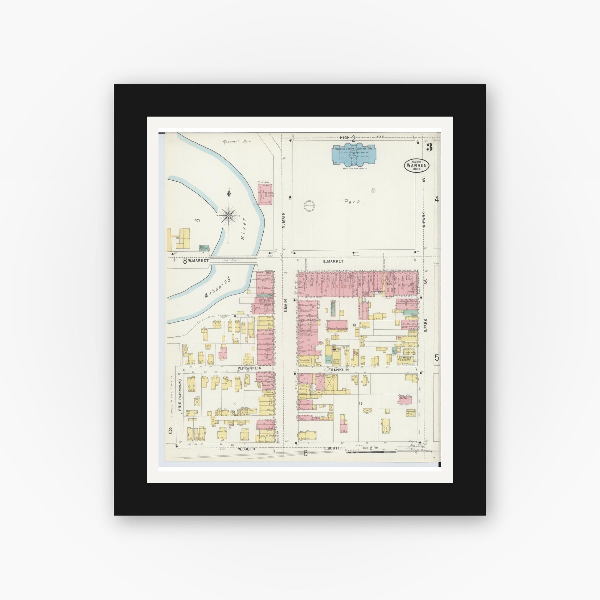 Old map wall art mockup — black gallery frame with white mat — Sanborn Fire Insurance Map from Warren, Trumbull County, Ohio (1898), Sheet #0003