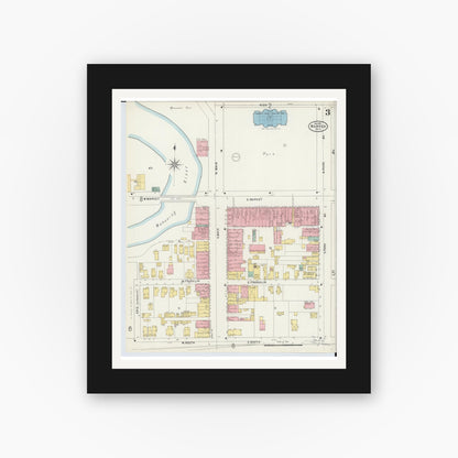 Old map wall art mockup — black gallery frame with white mat — Sanborn Fire Insurance Map from Warren, Trumbull County, Ohio (1898), Sheet #0003