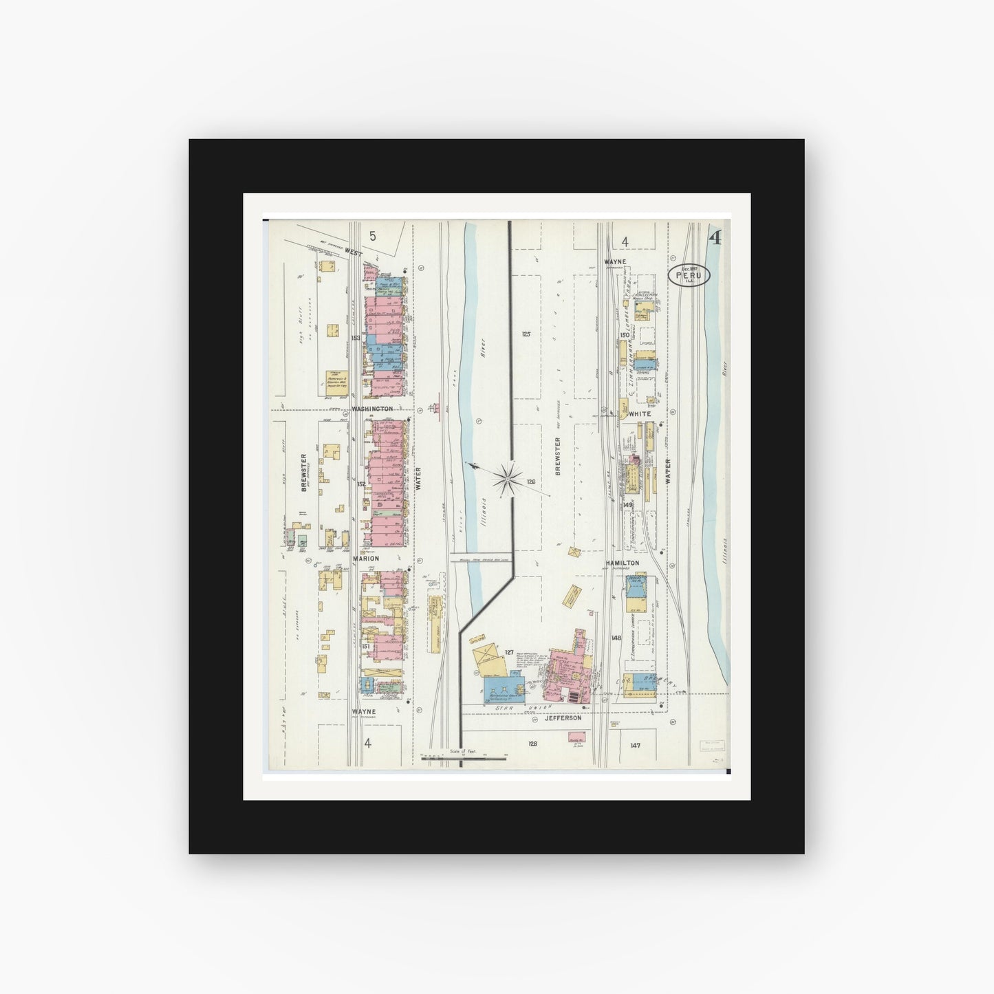 Old map wall art mockup — black gallery frame with white mat — Sanborn Fire Insurance Map from Peru, La Salle County, Illinois (1897), Sheet #0004