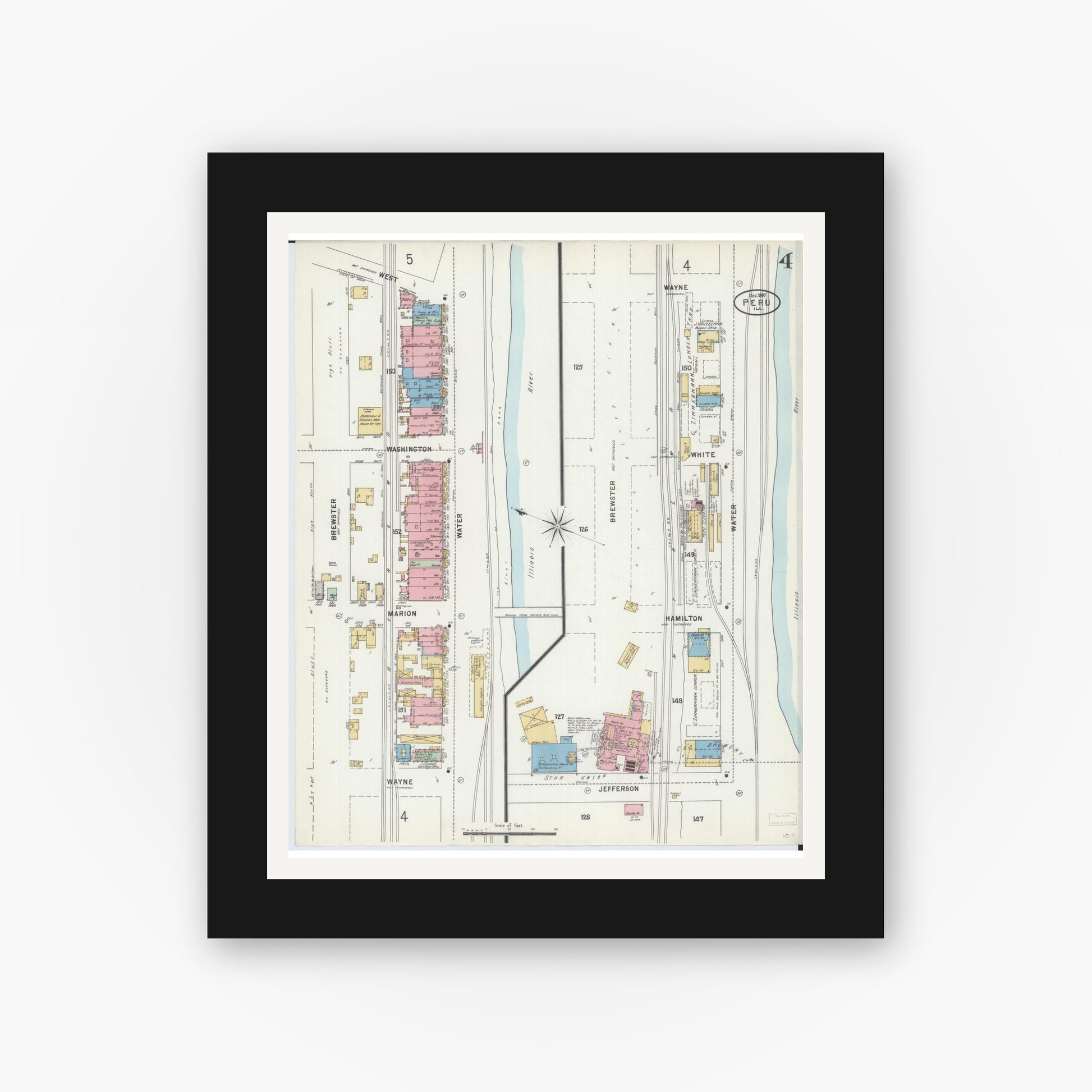 Old map wall art mockup — black gallery frame with white mat — Sanborn Fire Insurance Map from Peru, La Salle County, Illinois (1897), Sheet #0004
